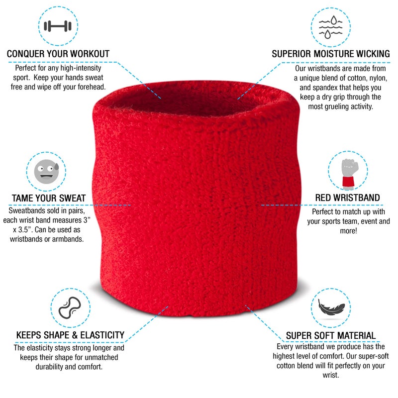 Suddora Wrist Sweatbands, Absorbent and Breathable Thick Cotton Bands for Working Out, Gymnastics, Basketball, Tennis, and Football, Multiuse Wristbands for Costumes and Cosplay, Red - Image 2